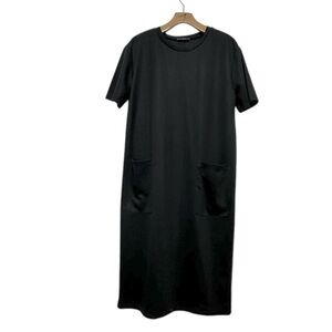 Zara Black Minimalist Boxy Midi Dress with Crew Neck and Short Sleeves Medium